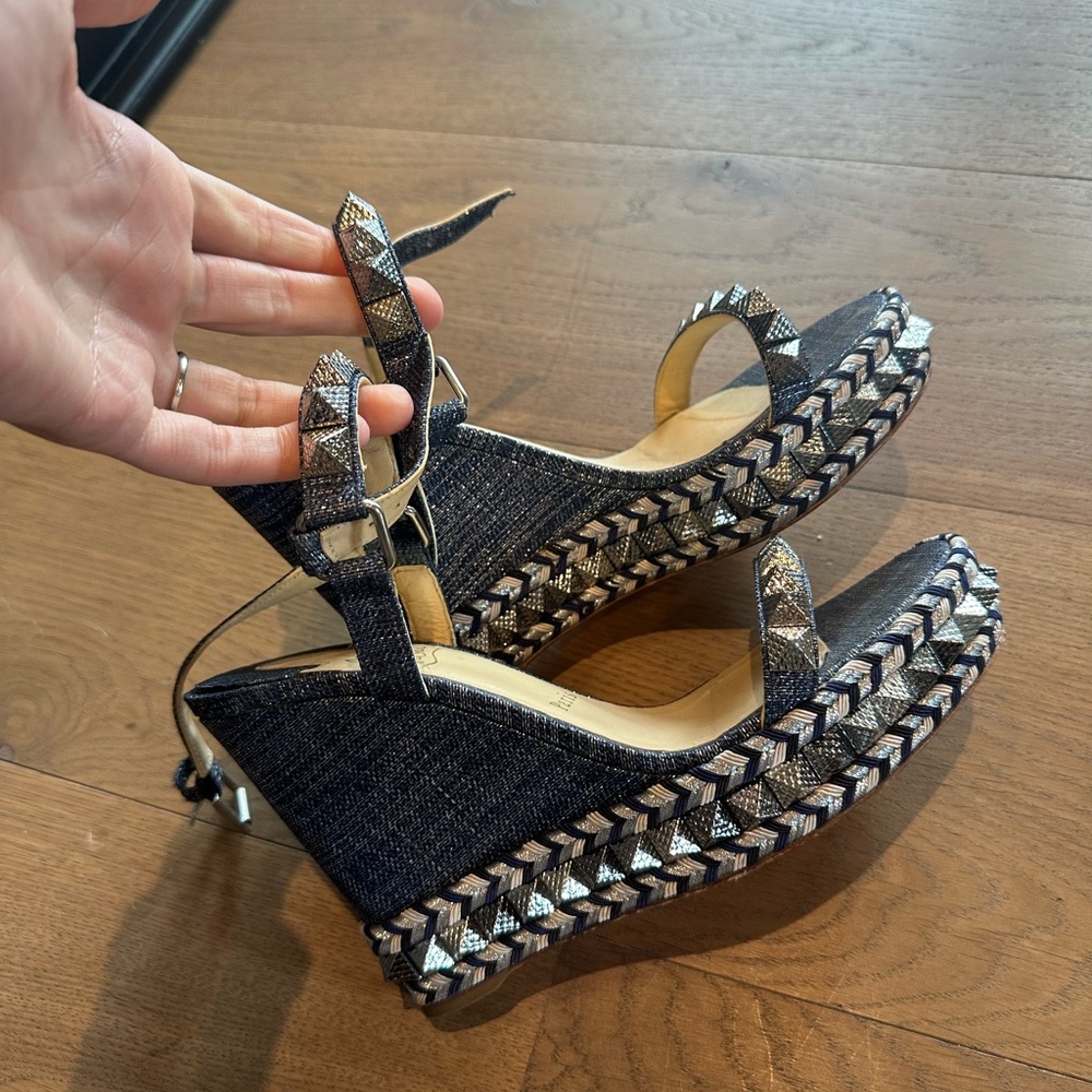 Christian Louboutin Denim Studded Wedge Sandals